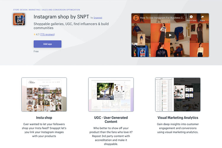 Free Shopify App instagram shop by SNPT for social media