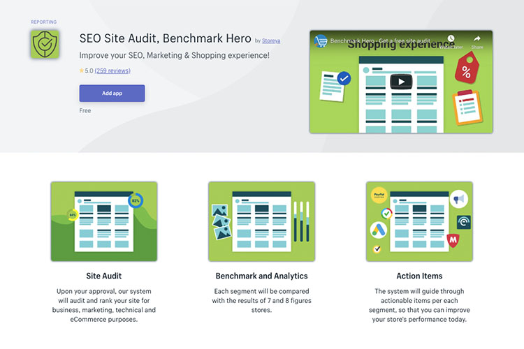 Free Shopify App SEO Site Audit, Benchmark Hero for driving traffic