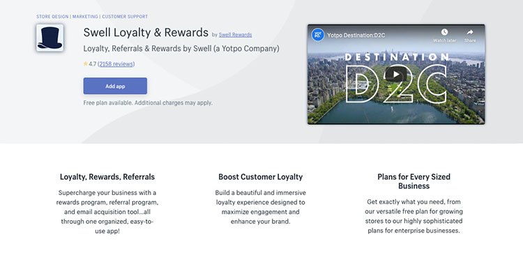 Free Shopify App Swell Loyalty & Rewards for Promotions & Marketing