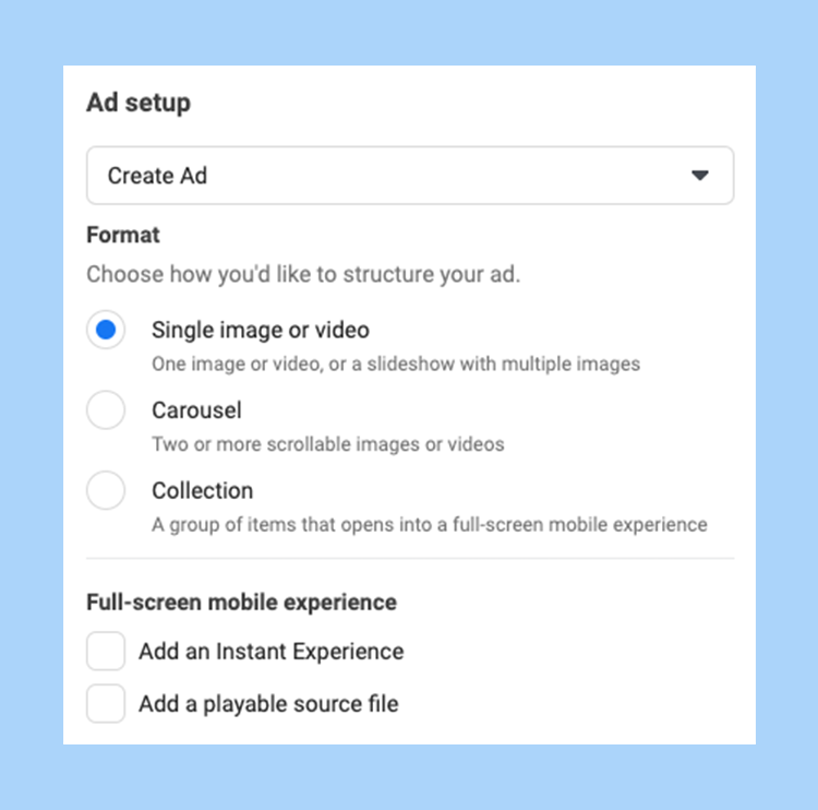Ad setup in Facebook ads manager