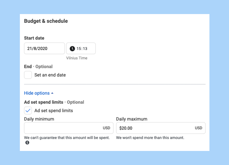 Budget and schedule of ad set in Facebook ads manager