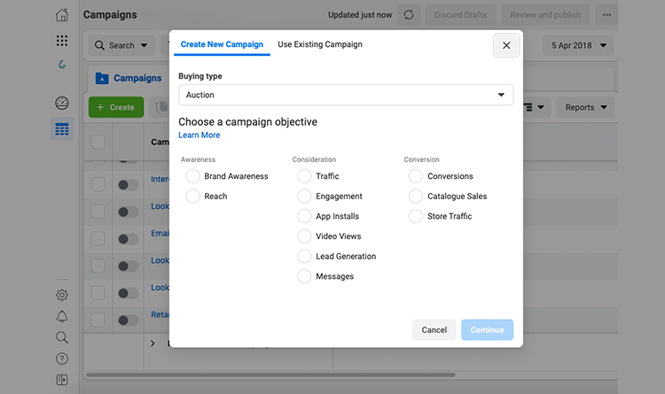 Create new campaign in Facebook ads manager