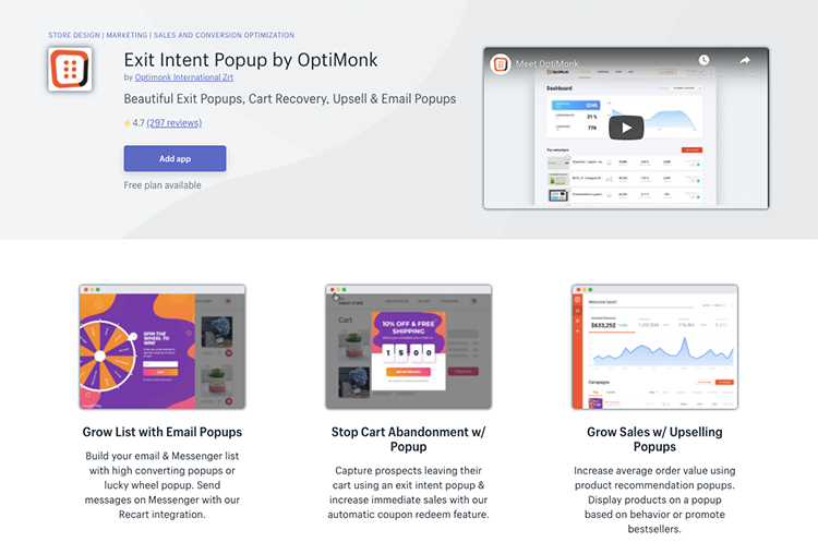 Free Shopify App OptiMonk for increased sales