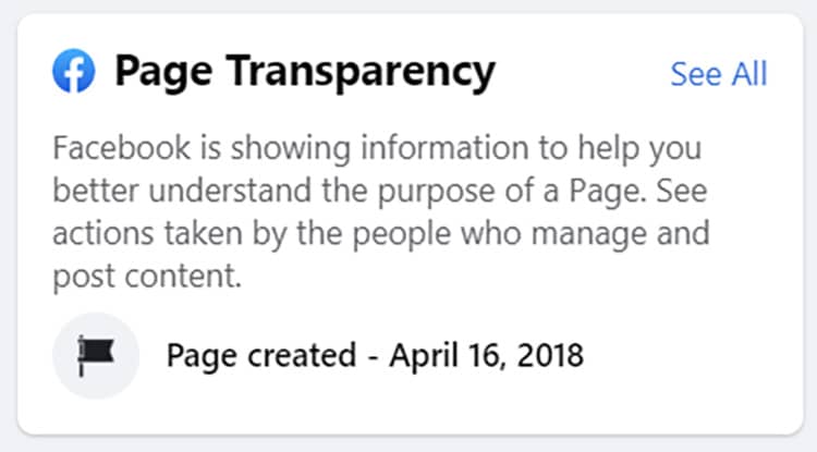 facebook page transparency screenshot