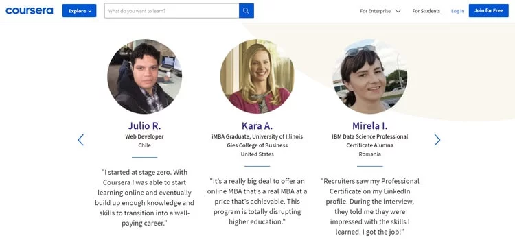 coursera testimonial page