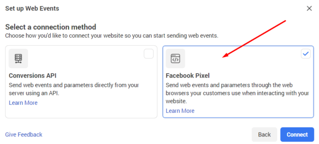 set up web event facebook pixel