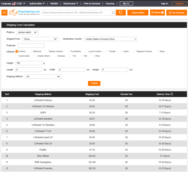 cj dropshipping shipping options